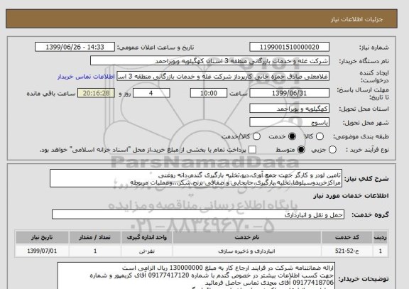 استعلام تامین لودر و کارگر جهت جمع آوری،دپو،تخلیه بارگیری گندم،دانه روغنی مراکزخریدوسیلوها،تخلیه،بارگیری،جابجایی و صفافی برنج،شکر...وعملیات مربوطه