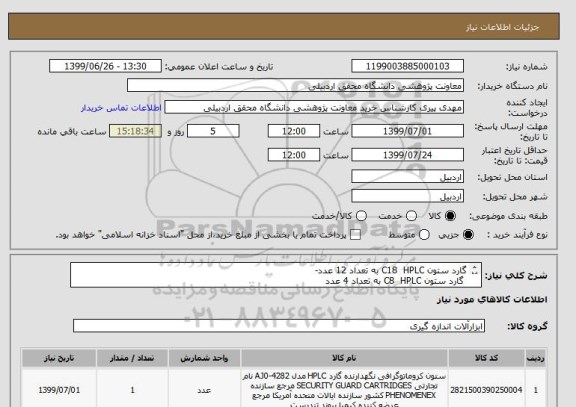 استعلام گارد ستون C18  HPLC به تعداد 12 عدد-
	گارد ستون C8  HPLC به تعداد 4 عدد
