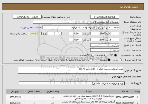 استعلام خرید آسفالت بصورت تهاتر با  36 تن قیر 70-60