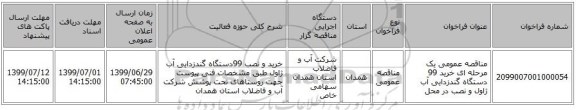 مناقصه عمومی یک مرحله ای خرید 99 دستگاه گندزدایی آب ژاول و نصب در محل