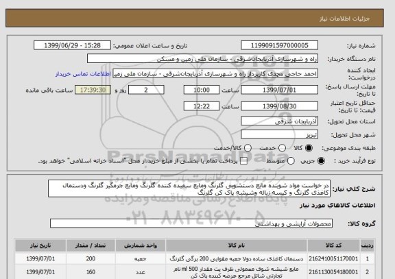 استعلام در خواست مواد شوینده مایع دستشویی گلرنگ ومایع سفیده کننده گلرنگ ومایع جرمگیر گلرنگ ودستمال کاغذی گلرنگ و کیسه زباله وشیشه پاک کن گلرنگ