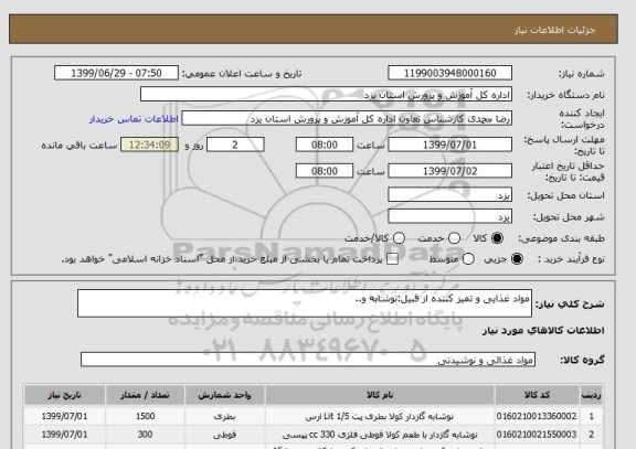 استعلام مواد غذایی و تمیز کننده از قبیل:نوشابه و..