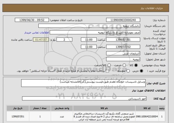 استعلام وسایل تاسیسات خوابگاه مقدم طبق لیست پیوستی(کدکالامشابه میباشد)