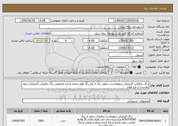 استعلام رنگ ترافیکی آکریلیکی ترموپلاست سفید رنگ از نوع رنگ الوان ممتاز و تینر مخصوص رنگ ترافیکی آکریلیکی ترمو پلاست از نوع الوان