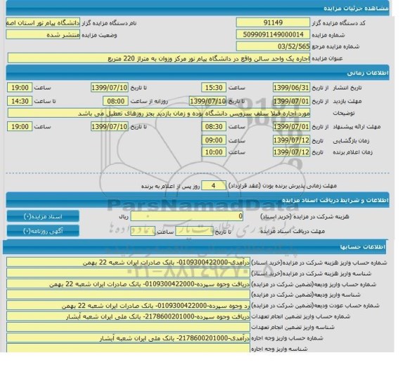 مزایده, مزایده اجاره یک واحد سالن 