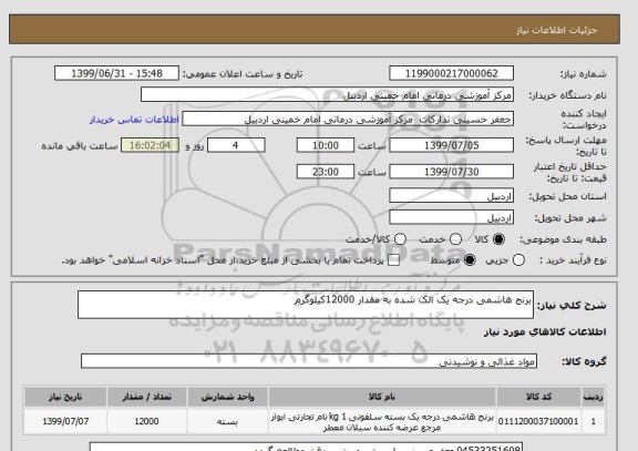 استعلام برنج هاشمی درجه یک الک شده به مقدار 12000کیلوگرم