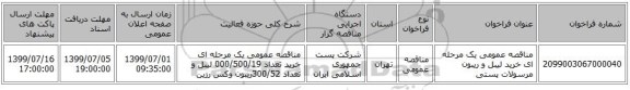 مناقصه عمومی یک مرحله ای خرید لیبل و ریبون مرسولات پستی 