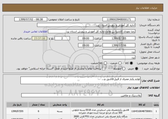 استعلام لوازم یکبار مصرف از قبیل:قاشق و...