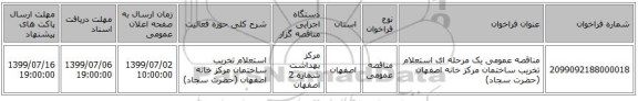 مناقصه عمومی یک مرحله ای استعلام تخریب ساختمان مرکز خانه اصفهان (حضرت سجاد)