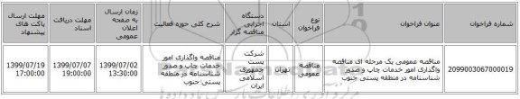 مناقصه عمومی یک مرحله ای مناقصه واگذاری امور خدمات چاپ و صدور شناسنامه در منطقه پستی جنوب