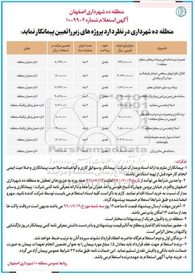 استعلام, استعلام تعمیرات و ساماندهی و پیاده روهای سطح منطقه 10 و ...