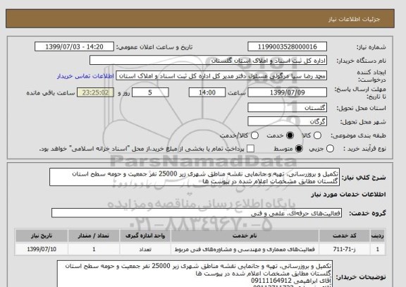 استعلام تکمیل و بروزرسانی، تهیه و جانمایی نقشه مناطق شهری زیر 25000 نفر جمعیت و حومه سطح استان گلستان مطابق مشخصات اعلام شده در پیوست ها