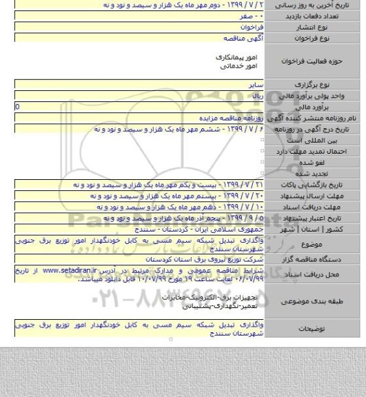 واگذاری تبدیل شبکه سیم مسی به کابل خودنگهدار امور توزیع برق جنوبی شهرستان سنندج