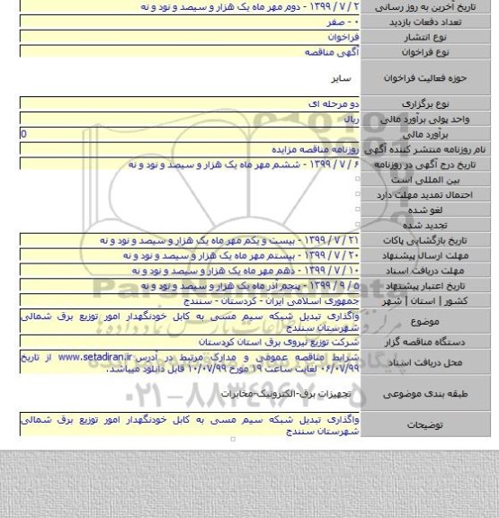 واگذاری تبدیل شبکه سیم مسی به کابل خودنگهدار امور توزیع برق شمالی شهرستان سنندج