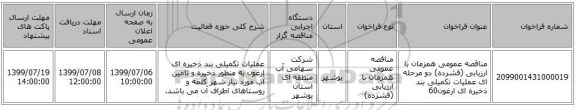 مناقصه عمومی همزمان با ارزیابی (فشرده) دو مرحله ای عملیات تکمیلی بند ذخیره ای ارغون60