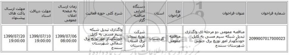 مناقصه عمومی دو مرحله ای واگذاری تبدیل شبکه سیم مسی به کابل خودنگهدار امور توزیع برق جنوبی شهرستان سنندج