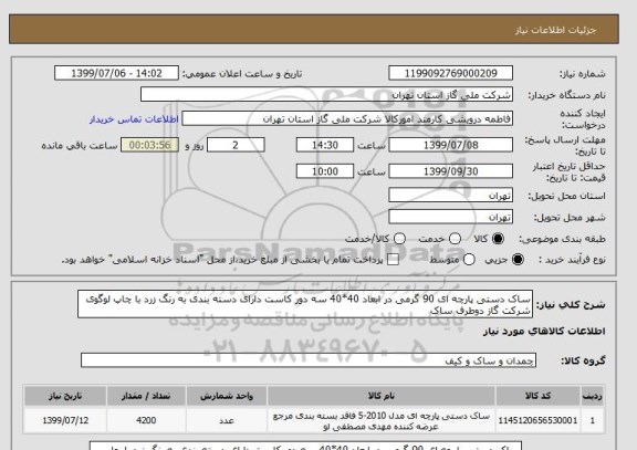 استعلام ساک دستی پارچه ای 90 گرمی در ابعاد 40*40 سه دور کاست دارای دسته بندی به رنگ زرد با چاپ لوگوی شرکت گاز دوطرف ساک 