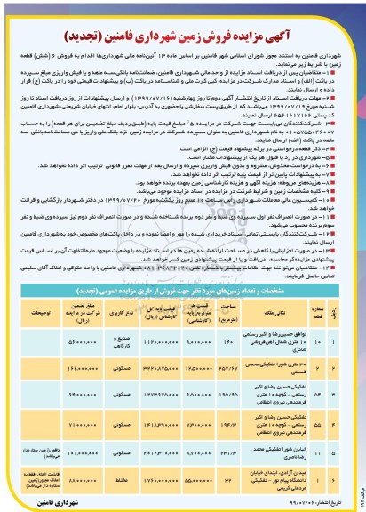 مزایده مزایده تجدید فروش 6 قطعه زمین کاربری مسکونی و صنایع کارگاهی 