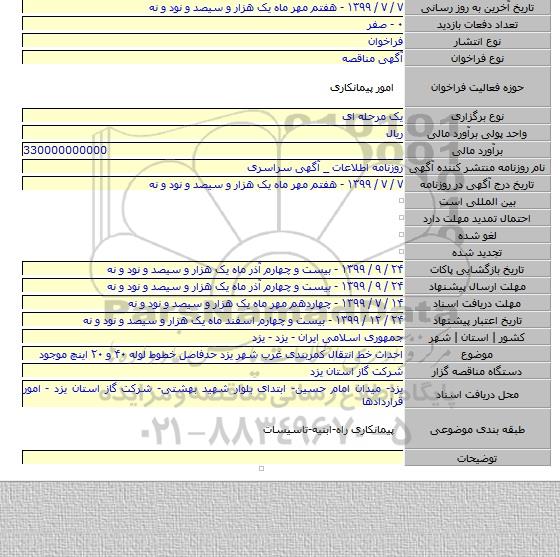 احداث خط انتقال کمربندی غرب شهر یزد حدفاصل خطوط لوله ۴۰ و ۲۰ اینچ موجود