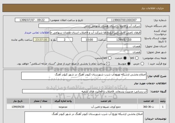 استعلام اصلاح بخشی ازشبکه توزیع آب شرب شهرستان کبودر آهنگ در شهر کبودر آهنگ 