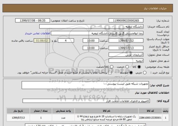 استعلام تجهیزات شبکه طبق لیست پیوستی