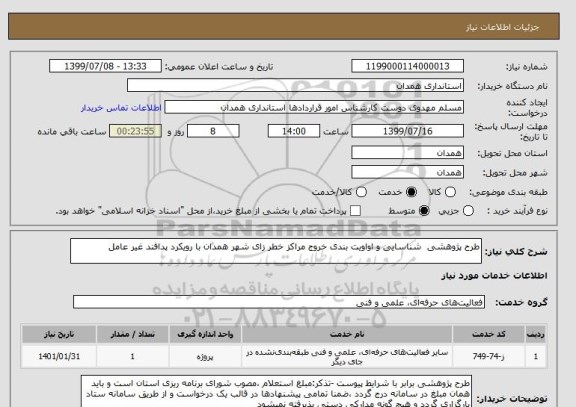 استعلام طرح پژوهشی  شناسایی و اواویت بندی خروج مراکز خطر زای شهر همدان با رویکرد پدافند غیر عامل