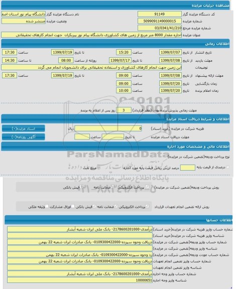 مزایده, مزایده اجاره مقدار 8000 مترمربع از زمین های کشاورزی 