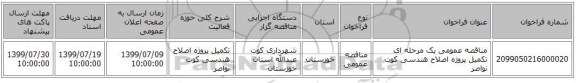 مناقصه عمومی یک مرحله ای تکمیل پروژه اصلاح هندسی کوت نواصر