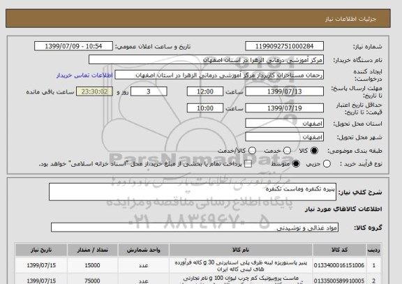 استعلام پنیره تکنفره وماست تکنفره