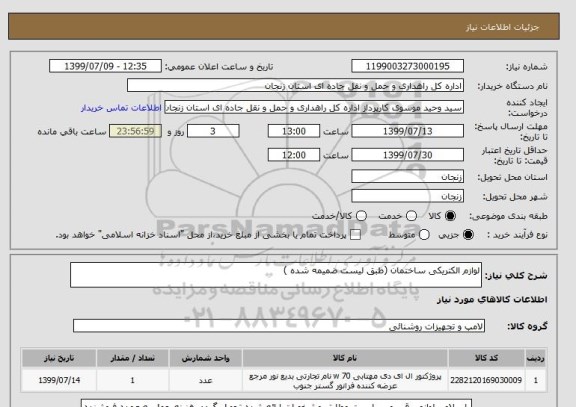 استعلام لوازم الکتریکی ساختمان (طبق لیست ضمیمه شده )