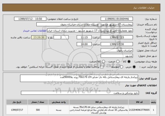 استعلام زیرانداز پارچه ای بیمارستانی باله دار  سایز 70x170 cm برند بلا5000عدد