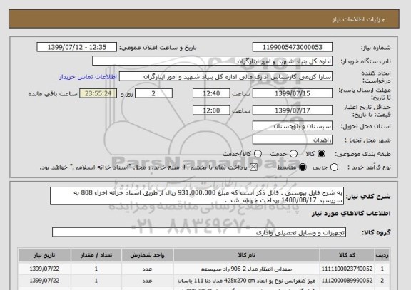 استعلام به شرح فایل پیوستی . قابل ذکر است که مبلغ 931.000.000 ریال از طریق اسناد خزانه اخزاء 808 به سررسید 1400/08/17 پرداخت خواهد شد .