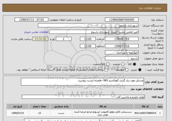 استعلام وسایل مورد نیاز گریدر کوماتسو 661 - همراه لیست پیوست