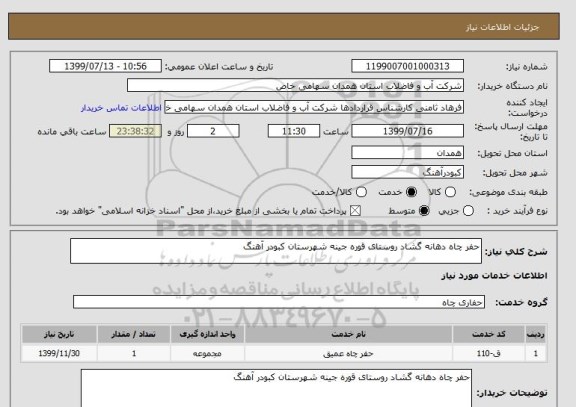 استعلام حفر چاه دهانه گشاد روستای قوره جینه شهرستان کبودر آهنگ