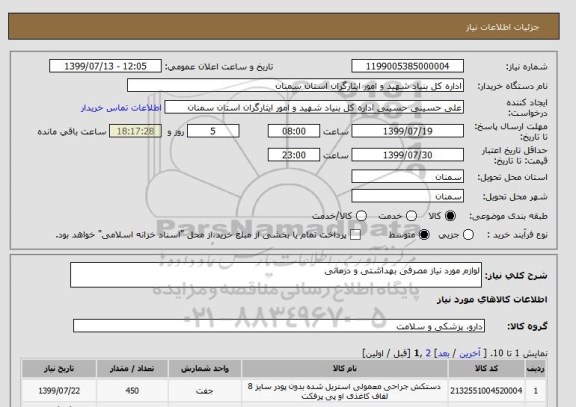 استعلام لوازم مورد نیاز مصرفی بهداشتی و درمانی