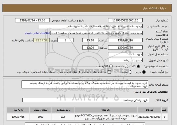 استعلام خرید سوند-به لیست پیوست مراجعه شود-شرکت وکالا عضوایمدباشد-ایرانی باشند-هزینه ارسال بعهده فروشنده میباشد