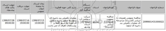 مناقصه عمومی همزمان با ارزیابی (فشرده) دو مرحله ای عملیات تکمیلی بند ذخیره ای ارغون