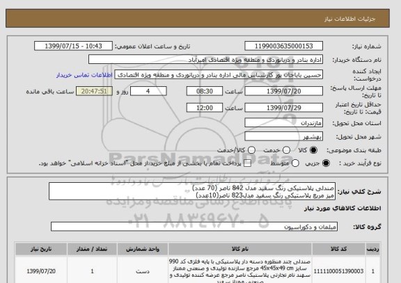 استعلام صندلی پلاستیکی رنگ سفید مدل 842 ناصر (70 عدد)
میز مربع پلاستیکی رنگ سفید مدل823 ناصر(10عدد)