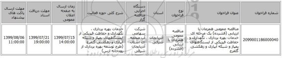 مناقصه عمومی همزمان با ارزیابی (فشرده) یک مرحله ای خدمات بهره برداری ، نگهداری و حفاظت فیزیکی از ایستگاههای پمپاژ و شبکه آبیاری و زهکشی گلفرج