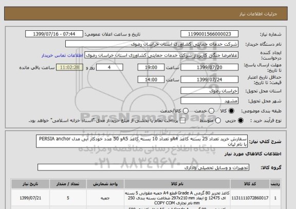 استعلام سفارش خرید تعداد 25 بسته کاغذ A4و تعداد 10 بسته کاغذ A5و 50 عدد خودکار آبی مدل PERSIA anchor با نام لیان