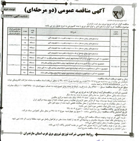 مناقصه ، مناقصه خرید انواع ترانسفورماتور و انواع تابلو توزیع با بدنه کامپوزیتی 