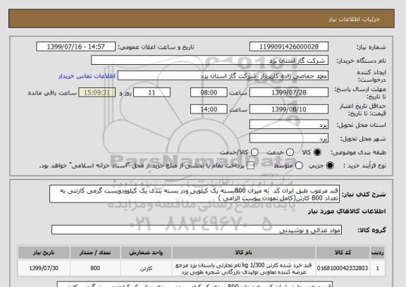 استعلام قند مرغوب طبق ایران کد  به میزان 800بسته یک کیلویی ودر بسته بندی یک کیلوودویست گرمی کارتنی به تعداد 800 کارتن(کامل نمودن پیوست الزامی )