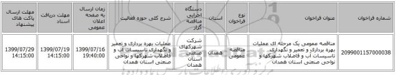 مناقصه عمومی یک مرحله ای عملیات بهره برداری و تعمیر و نگهداری تاسیسات آب و فاضلاب شهرکها و نواحی صنعتی استان همدان