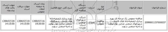 مناقصه عمومی یک مرحله ای بهره‌ برداری‌ ازتصفیه‌خانه های‌ فاضلاب شهرکهای صنعتی غذایی بهار،نهاوند و ناحیه صنعتی سهند