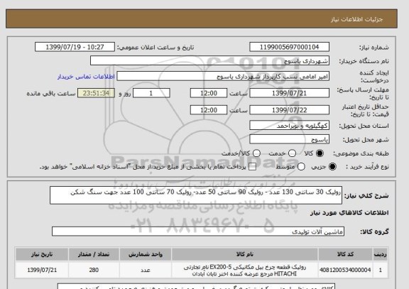 استعلام رولیک 30 سانتی 130 عدد - رولیک 90 سانتی 50 عدد- رولیک 70 سانتی 100 عدد جهت سنگ شکن