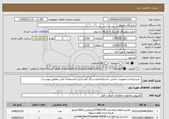 استعلام  خریدرایانه و تجهیزات جانبی دانشکده نفت و گاز گچساران (مشخصات فنی مطابق پیوست) 