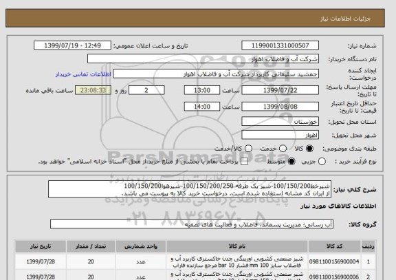 استعلام شیرخط100/150/200-شیر یک طرفه 100/150/200/250-شیرهوا100/150/200
از ایران کد مشابه استفاده شده است. درخواست خرید کالا به پیوست می باشد.