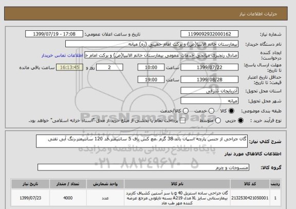 استعلام گان جراحی از جنس پارچه اسپان باند 38 گرم ،مچ کش باف 5 سانتیمتر،قد 120 سانتیمتر،رنگ آبی نفتی