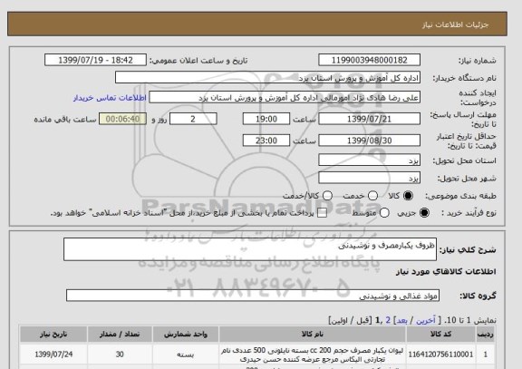 استعلام ظروف یکبارمصرف و نوشیدنی