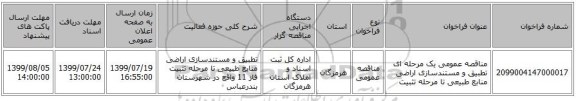 مناقصه عمومی یک مرحله ای تطبیق و مستندسازی اراضی منابع طبیعی تا مرحله تثبیت 